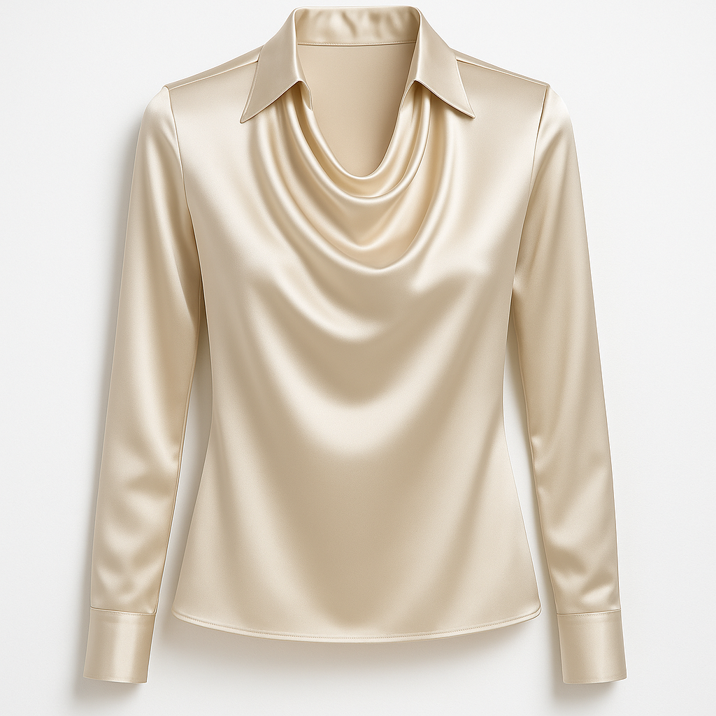 Halsia - Glänsande blus med plisserad hals ,  chic & tidlös